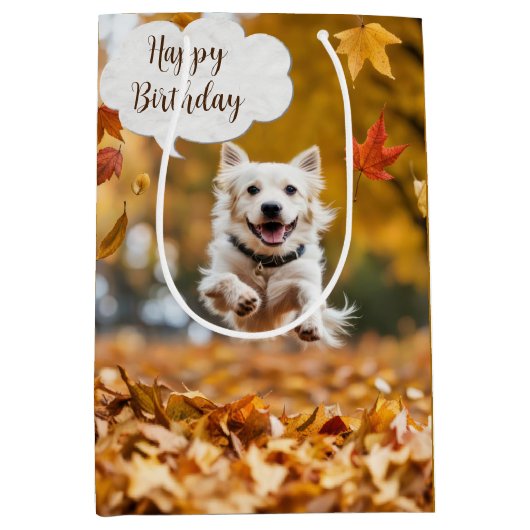 Sac Cadeau Moyen Joyeux Chien D'Anniversaire En Feuilles Automnes (Devant)
