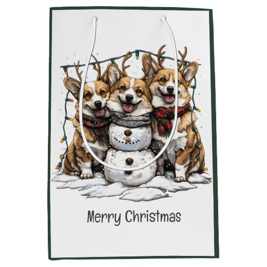 Sac Cadeau Moyen Joyeux Chiens de Corgi Noël Snowman (Devant)