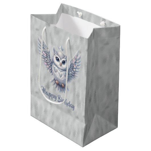 Sac Cadeau Moyen Joyeux Chouette d'argent d'anniversaire sur Grey (Devant Angle)