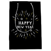 Sac Cadeau Moyen Joyeux feu d'artifice Black White Gold Stars (Devant)