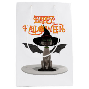 Sac Cadeau Moyen Joyeux Halloween. Chat avec ailes et casquette de
