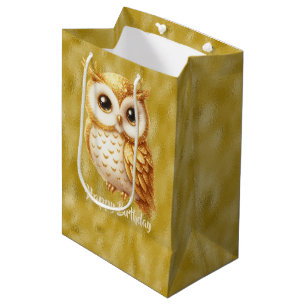Sac Cadeau Moyen Joyeux hibou couleur or d'anniversaire sur or