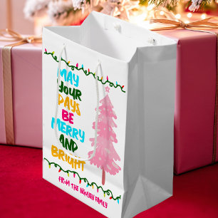 Sac Cadeau Moyen Joyeux Joyeux Arbre de Noël rose clair coloré Pers
