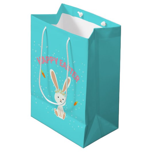 Sac Cadeau Moyen Joyeux lapin blanc de Pâques sur bleu (Devant Angle)