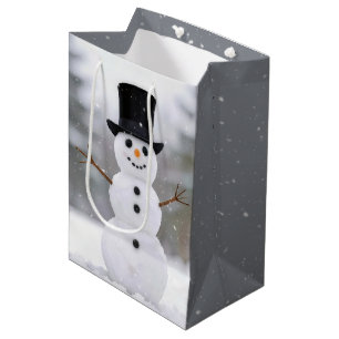 Sac Cadeau Moyen Joyeux Noël Bonhomme de neige portant un chapeau h