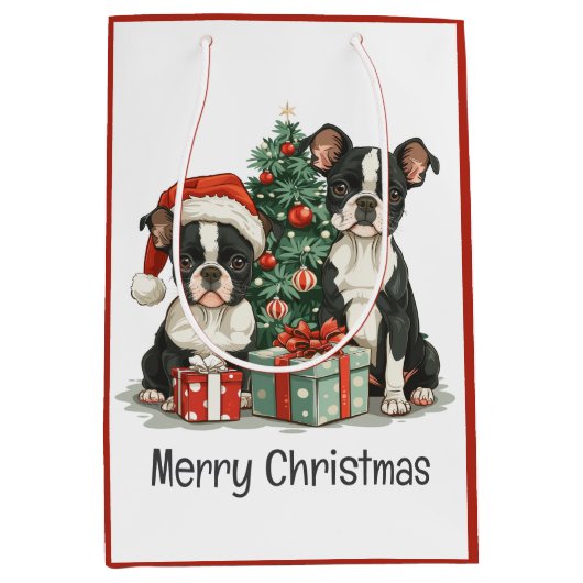 Sac Cadeau Moyen Joyeux Noël Boston Terrier Chiens (Devant)