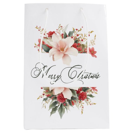 Sac Cadeau Moyen Joyeux Noël Calligraphie aquarelle Floral (Devant)