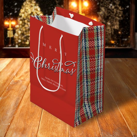 Sac Cadeau Moyen Joyeux Noël Calligraphie Script mignon Rouge Plaid