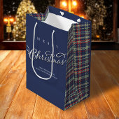 Sac Cadeau Moyen Joyeux Noël Calligraphie Script Navy Blue Plaid