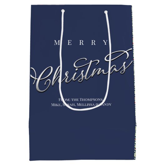 Sac Cadeau Moyen Joyeux Noël Calligraphie Script Navy Blue Plaid (Dos)