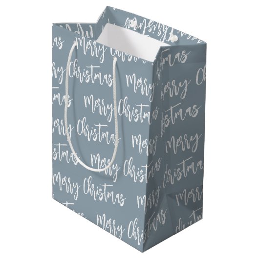 Sac Cadeau Moyen Joyeux Noël Dusty Bleu Élégant Motif Script (Dos Angle)