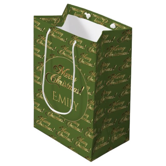 Sac Cadeau Moyen Joyeux Noël Elégant Olive Green Gold Script (Devant Angle)