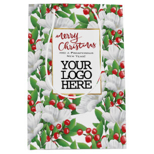 Sac Cadeau Moyen Joyeux Noël Entreprise Logo Floral Hiver Rouge
