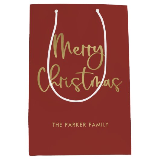 Sac Cadeau Moyen Joyeux Noël | Faux Gold sur Red Décontracté Script (Devant)