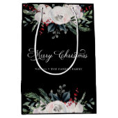 Sac Cadeau Moyen Joyeux Noël | Fleurs aquarelles sur noir (Devant)