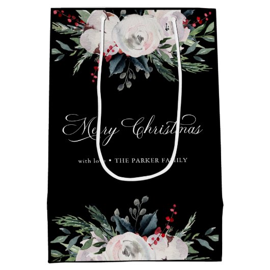 Sac Cadeau Moyen Joyeux Noël | Fleurs aquarelles sur noir (Dos)