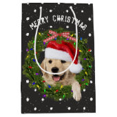 Sac Cadeau Moyen Joyeux Noël Golden Retriever en pois (Devant)