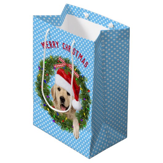 Sac Cadeau Moyen Joyeux Noël Golden Retriever en pois (Devant Angle)