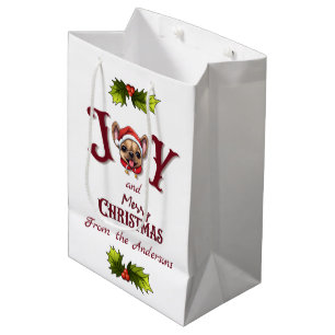 Sac Cadeau Moyen Joyeux Noël Joy Cute French Bulldog holly