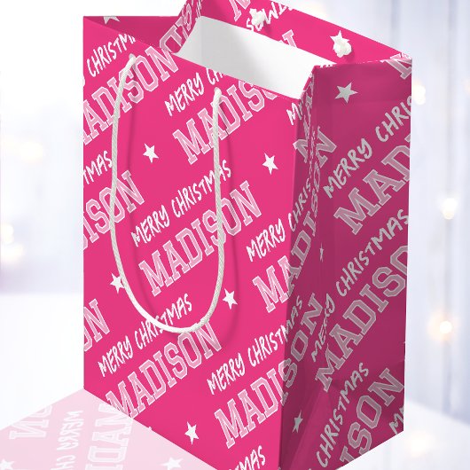 Sac Cadeau Moyen Joyeux Noël Nom Typographie rose