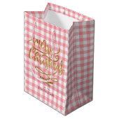 Sac Cadeau Moyen Joyeux Noël or sur rose En vichy plaid (Devant Angle)