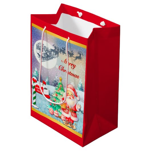 Sac Cadeau Moyen Joyeux Noël Père Noël, Sleigh, Reindeer, Snowflake (Devant Angle)