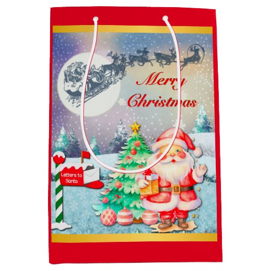 Sac Cadeau Moyen Joyeux Noël Père Noël, Sleigh, Reindeer, Snowflake (Devant)