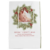 Sac Cadeau Moyen Joyeux Noël Photo Aquarelle Verdure Wreath (Dos)