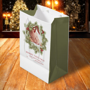 Sac Cadeau Moyen Joyeux Noël Photo Aquarelle Verdure Wreath