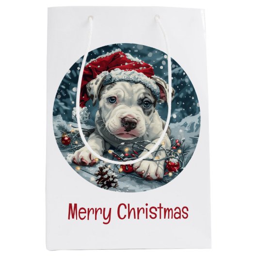Sac Cadeau Moyen Joyeux Noël Pit Bull Père Noël Puppy (Devant)