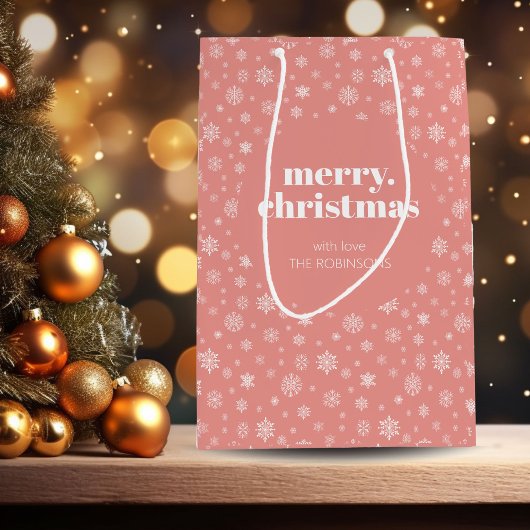 Sac Cadeau Moyen Joyeux Noël rose blanc Motif de flocon de neige