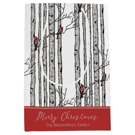Sac Cadeau Moyen Joyeux Noël Rouge Cardinal Oiseau & Birch Tree (Devant)