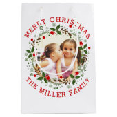 Sac Cadeau Moyen Joyeux Noël rouge, fêtes à fleurs (Devant)