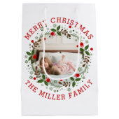 Sac Cadeau Moyen Joyeux Noël rouge, fêtes à fleurs (Dos)
