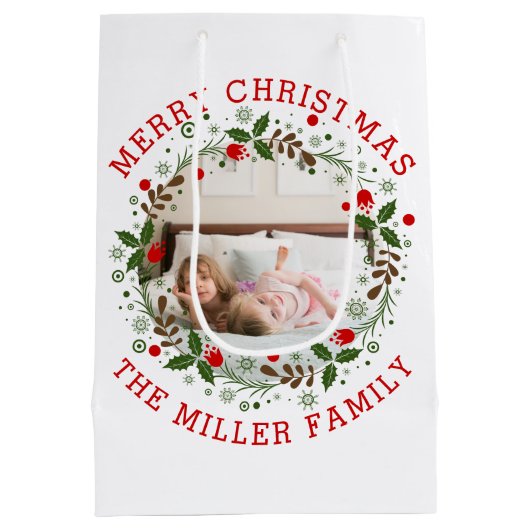 Sac Cadeau Moyen Joyeux Noël rouge, fêtes à fleurs (Dos)