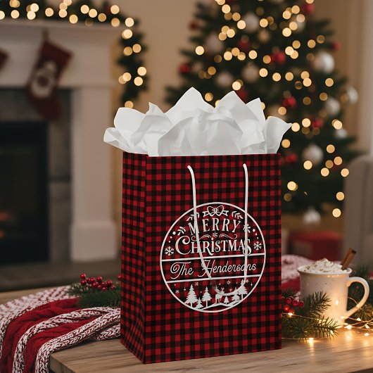 Sac Cadeau Moyen Joyeux Noël Rouge & Noir Plaid Nom personnalisé