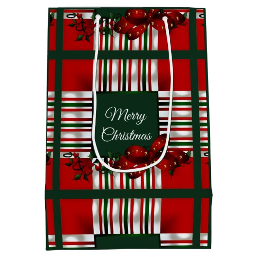 Sac Cadeau Moyen Joyeux Noël Rouge Vert Plaid (Dos)