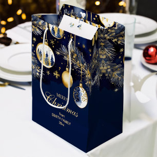 Sac Cadeau Moyen Joyeux Noël salutations or bleu marine baubles