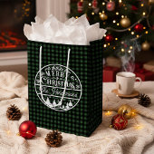 Sac Cadeau Moyen Joyeux Noël Vert & Noir Plaid Nom personnalisé