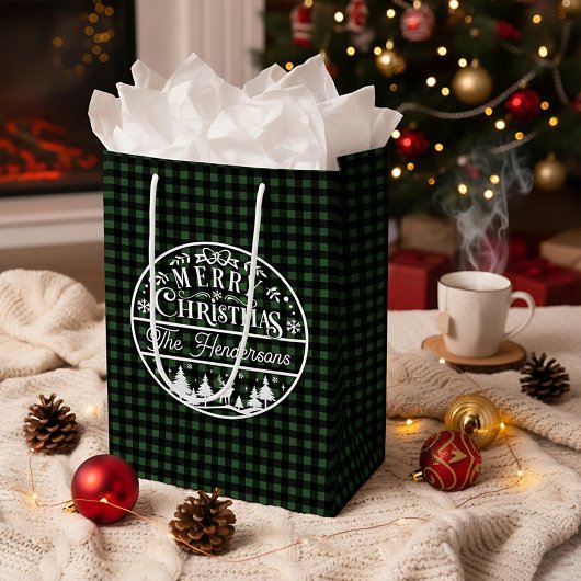Sac Cadeau Moyen Joyeux Noël Vert & Noir Plaid Nom personnalisé