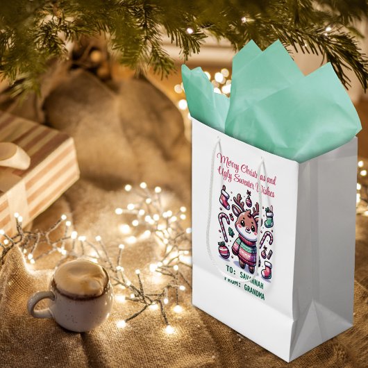 Sac Cadeau Moyen Joyeux Noël & Vœux de Pull Moche Renne