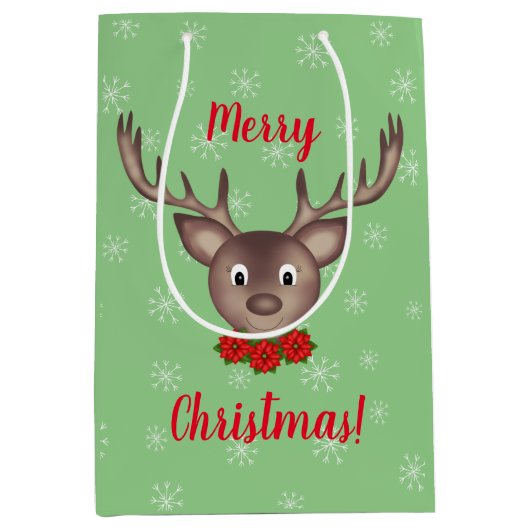 Sac Cadeau Moyen Joyeux rennes de Noël avec fleurs rouges personnal (Devant)