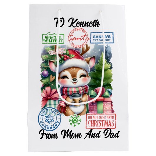 Sac Cadeau Moyen Joyeux Rindeer Avec Cadeaux De Vacances (Dos)