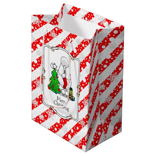 Sac Cadeau Moyen Joyeux sapin de Noël 2 caniche (blanc) chien migno (Devant Angle)