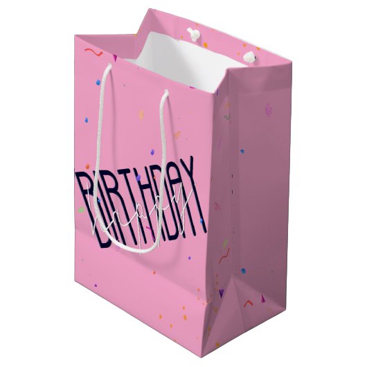 Sac Cadeau Moyen Joyeux texte d'anniversaire avec Confetti (Devant Angle)