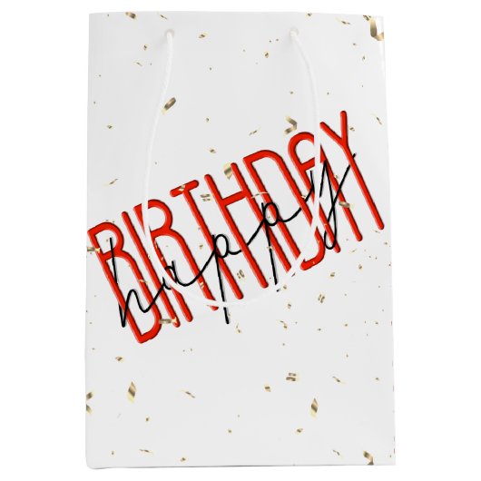 Sac Cadeau Moyen Joyeux texte d'anniversaire avec Gold Confetti (Devant)