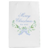 Sac Cadeau Moyen Joyeux Trellis de Noël et Swag avec Bleu Bow (Devant)