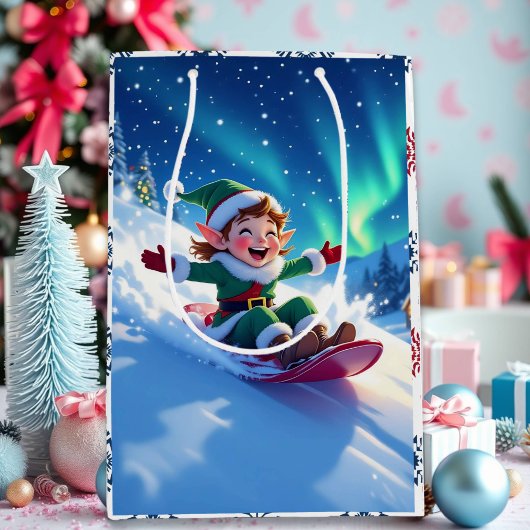 Sac Cadeau Moyen Joyful Christmas Elf Sledding 