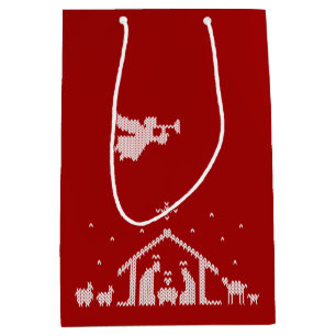 Sac Cadeau Moyen Knit crèche scène Christian Noël Rouge Blanc