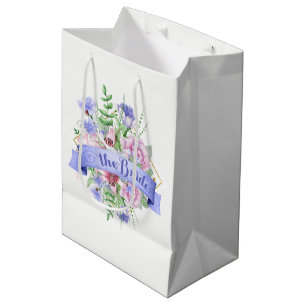 Sac Cadeau Moyen La mariée Typographie-Aquarelle Bouquet de fleurs